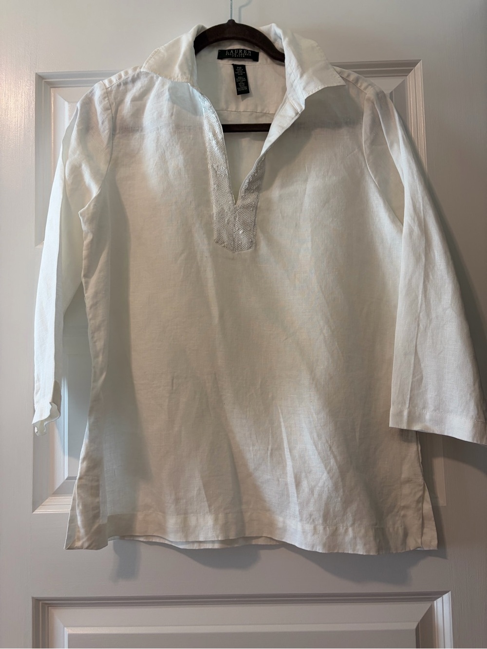 Ralph Lauren Women's White 100% Linen Tunic Shirt with Sequins Neck - Picture 7 of 7